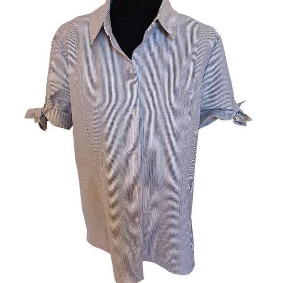Tahari Womens Short Sleeve Striped Button Front Blouse Blue White Size Large - Picture 1 of 11